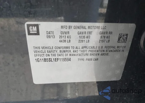 2014 Chevrolet Malibu 1Ls из США, поврежденный, VIN 1G11B5SL1EF119594